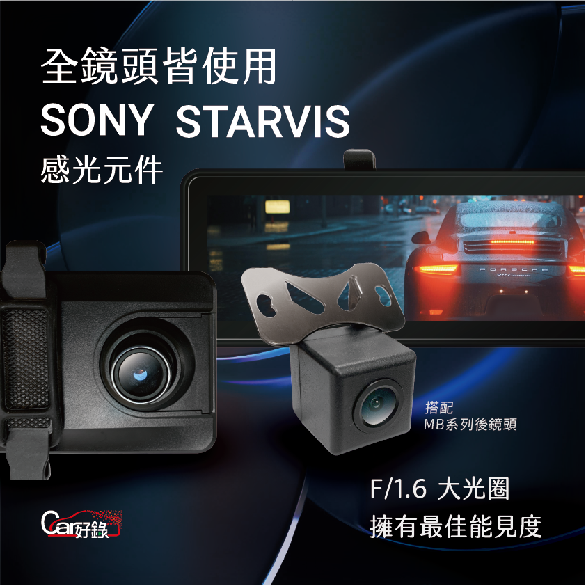 car好錄,電子前後視鏡,S036型號,全鏡頭皆使用SONY STARVIS,感光元件,F/1.6,大光圈,擁有最佳能見度